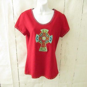 Cattlelac Ranch Top L Large Red Embroidered Cross Short Sleeve Western